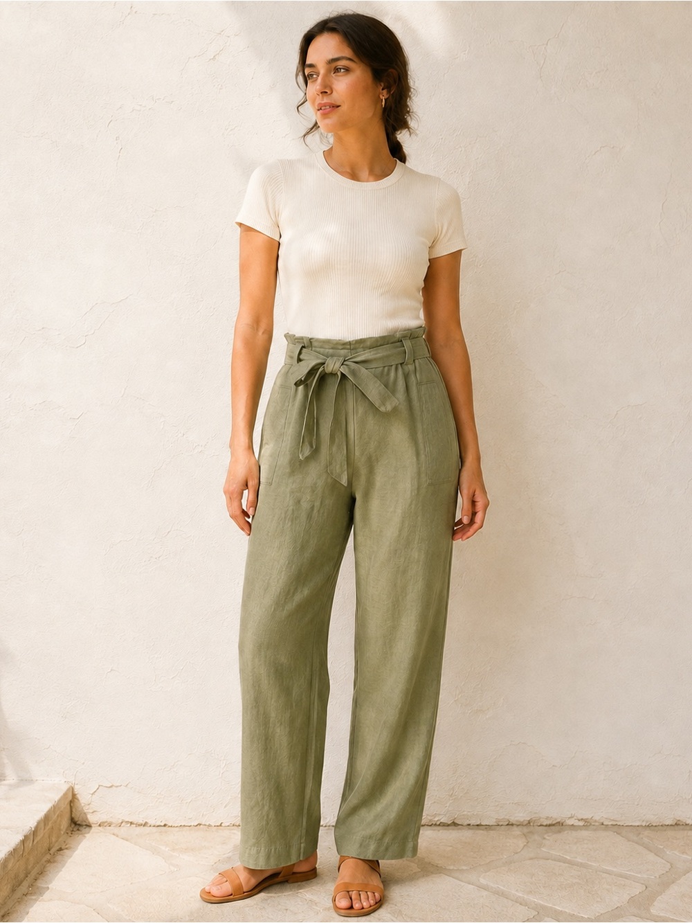 Sage Green Linen Tie Waist Pants Minimalist Lagenlook Euro Peck & Peck S